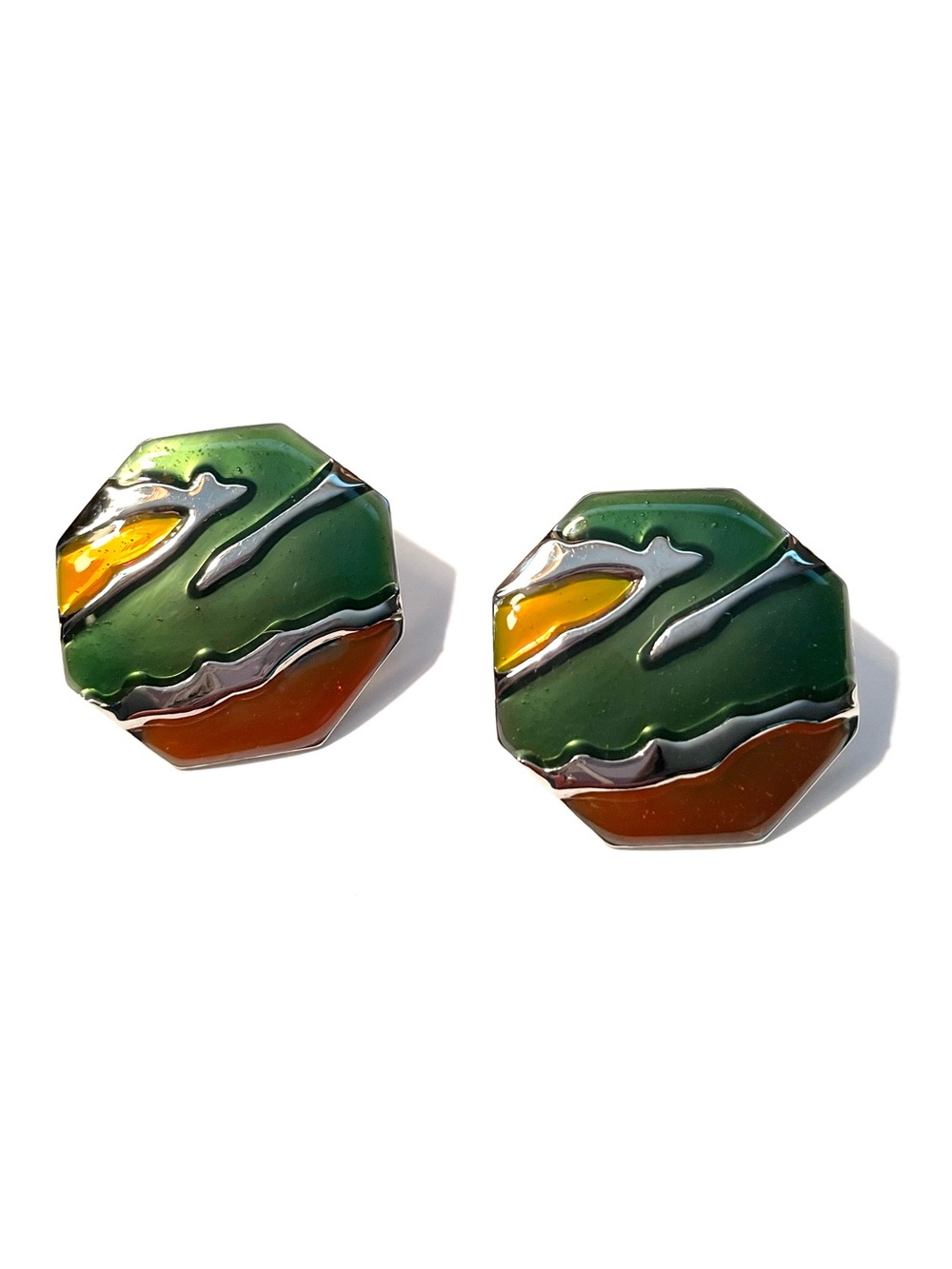 Vintage Octagon Enamel Earrings in Green, Orange & Yellow